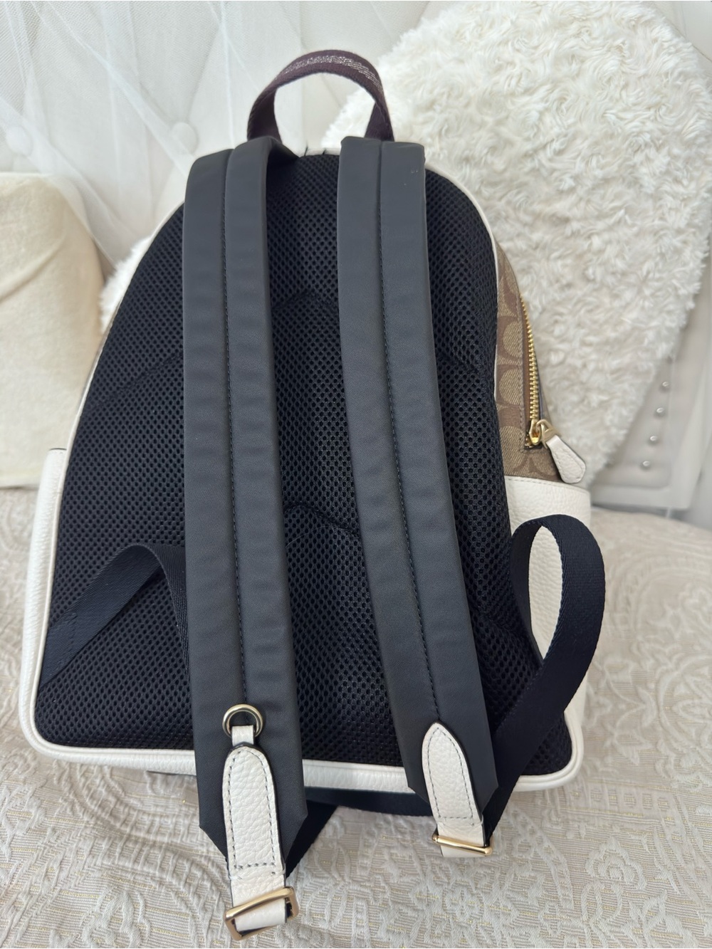 Coach Brown Signature Canvas Backpack with White Leather Pocket - Picture 6 of 10
